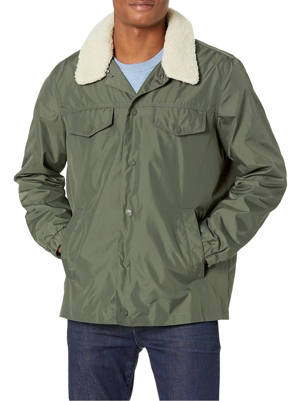 UGG Keagan Nylon Trucker Jacket Green Large NWOT Removable Sherpa Collar